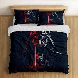 Star Wars duvet cover set with Darth Vader and Kylo Ren art on a bed.