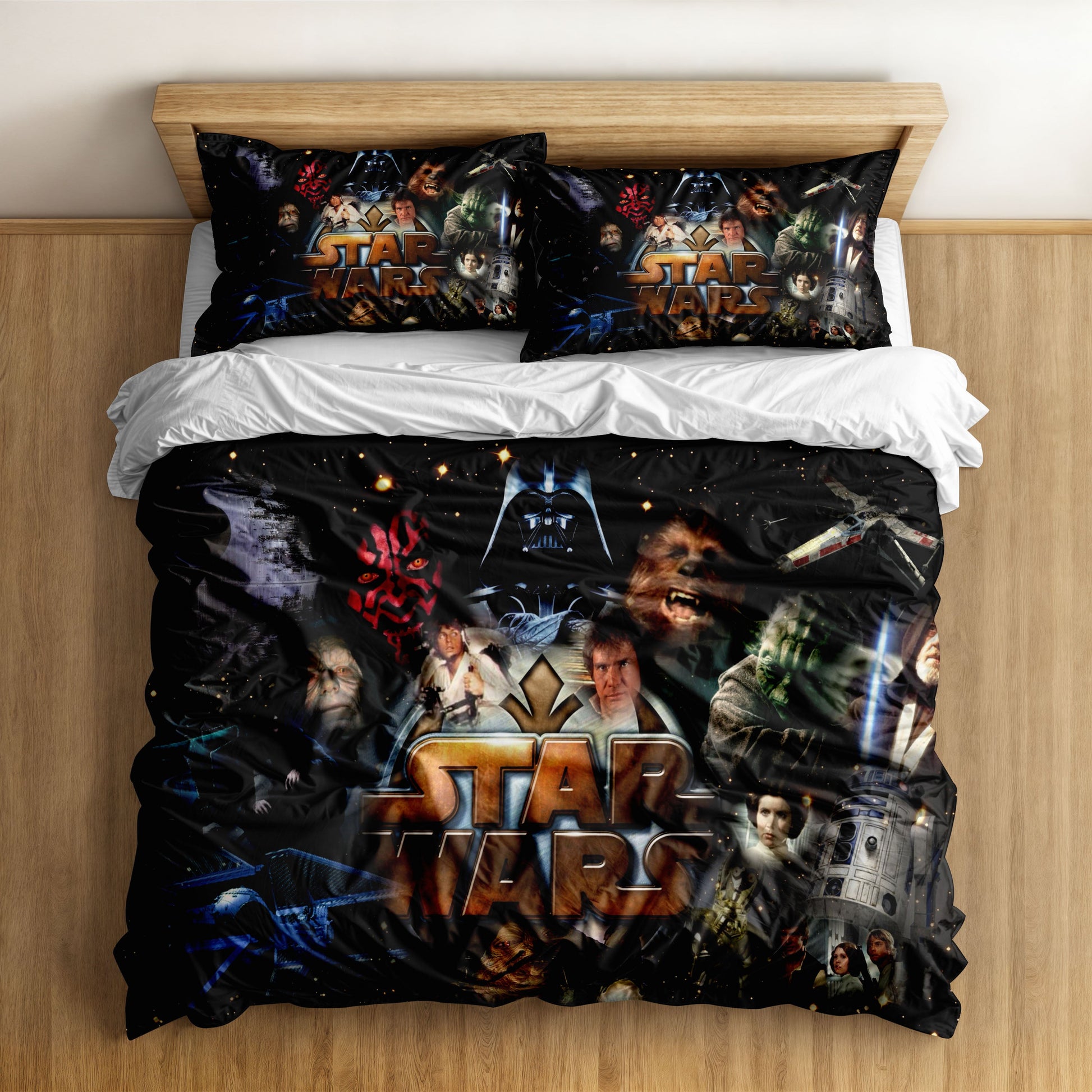 A collage of famous Star Wars characters including Darth Vader, Luke Skywalker, and Yoda on a queen size duvet cover