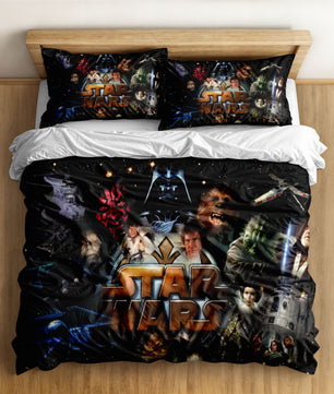 A collage of famous Star Wars characters including Darth Vader, Luke Skywalker, and Yoda on a queen size duvet cover