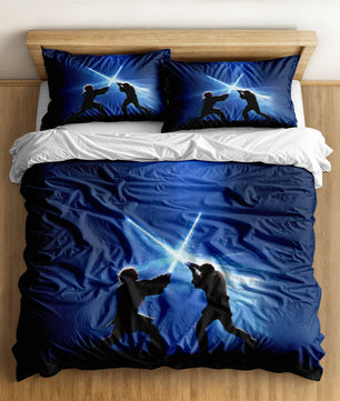 Star Wars duvet cover set with epic 3D lightsaber duel design on bed.