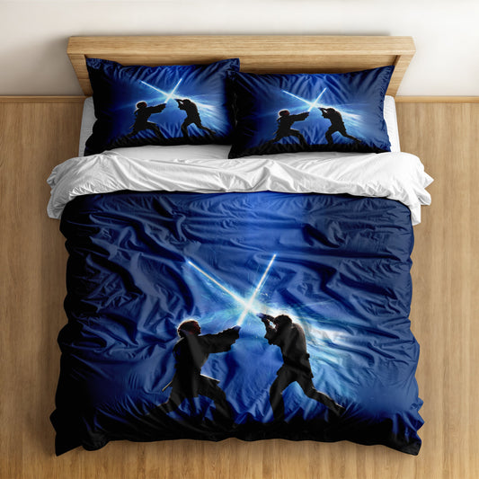 Star Wars duvet cover set with epic 3D lightsaber duel design on bed.