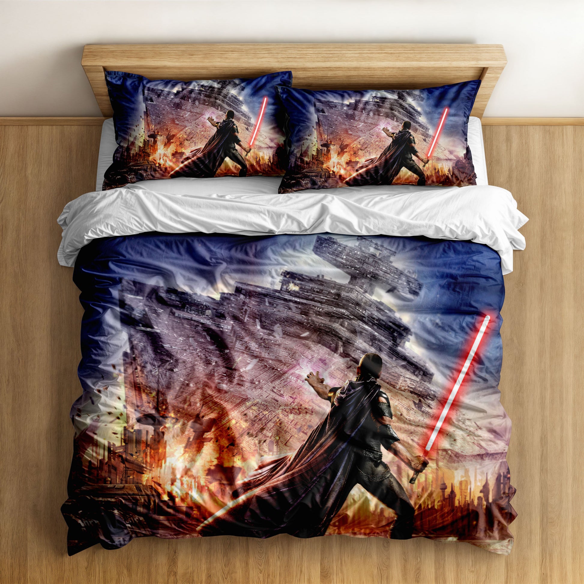Darth Vader holding a red lightsaber against a backdrop of a Star Destroyer and a fiery city on a duvet cover