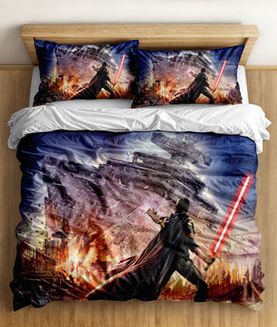 Darth Vader holding a red lightsaber against a backdrop of a Star Destroyer and a fiery city on a duvet cover