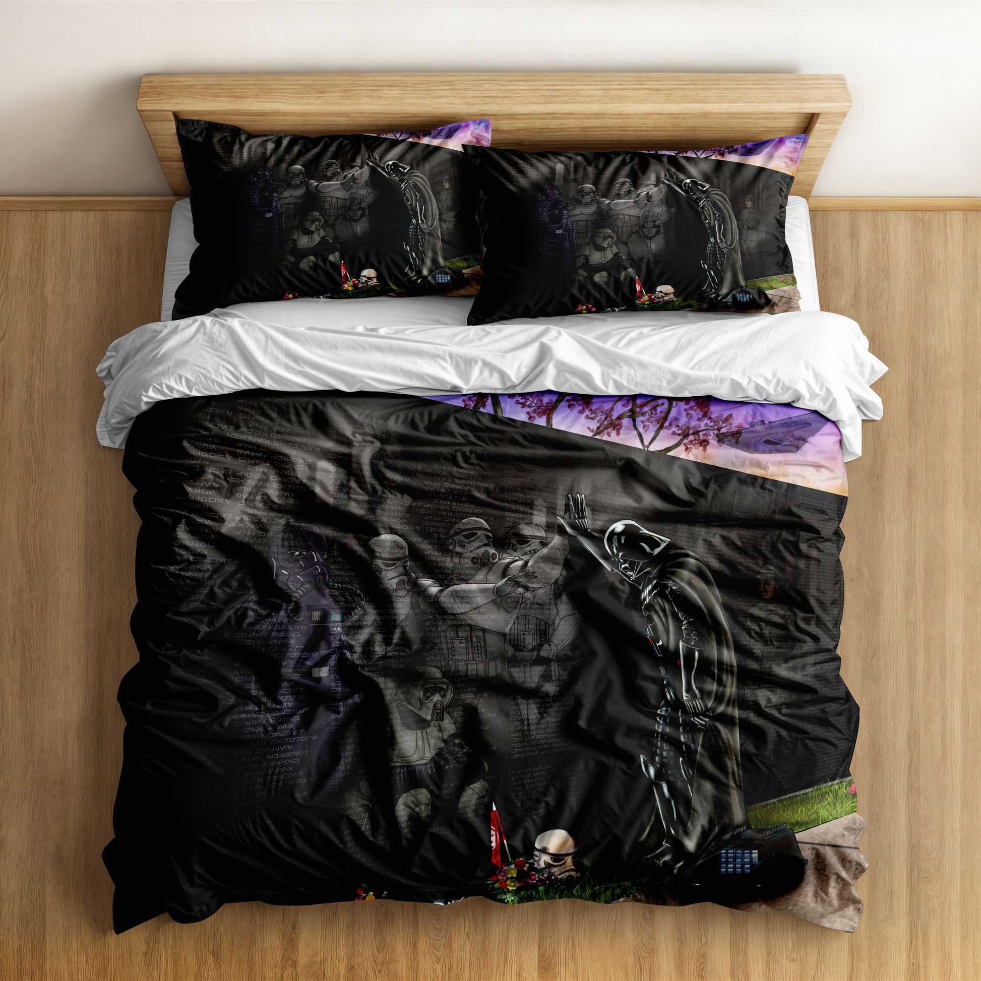 A dark-themed Star Wars bedding set featuring Darth Vader and Stormtroopers in a memorial-like setting