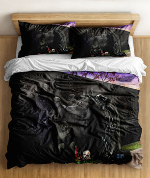 A dark-themed Star Wars bedding set featuring Darth Vader and Stormtroopers in a memorial-like setting