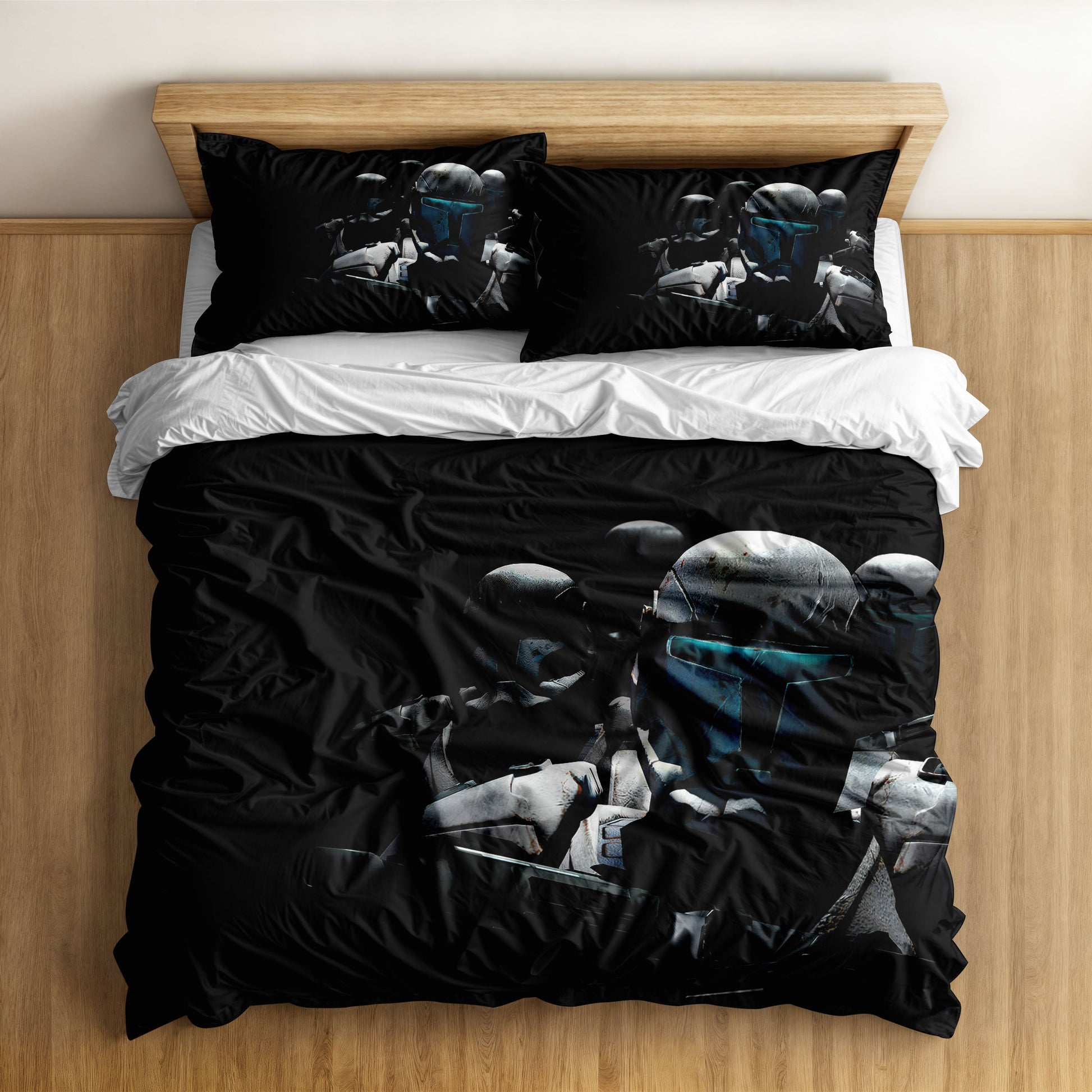 Close-up of a Mandalorian helmet with a blue visor on a black duvet cover set, representing the warrior creed