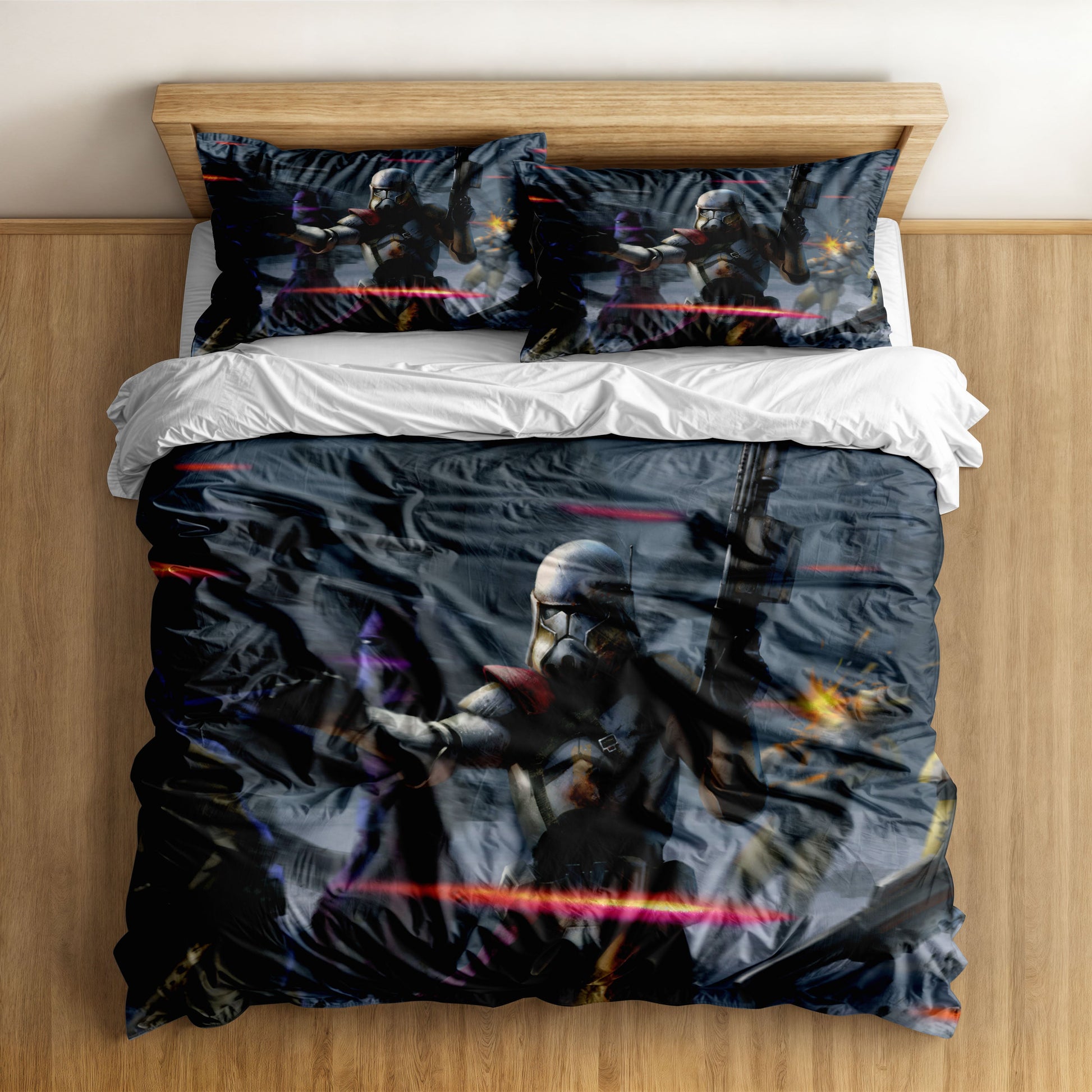 Members of The Bad Batch in action on a dark, dynamic Star Wars themed bedding set