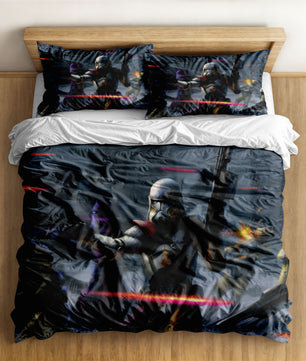 Members of The Bad Batch in action on a dark, dynamic Star Wars themed bedding set