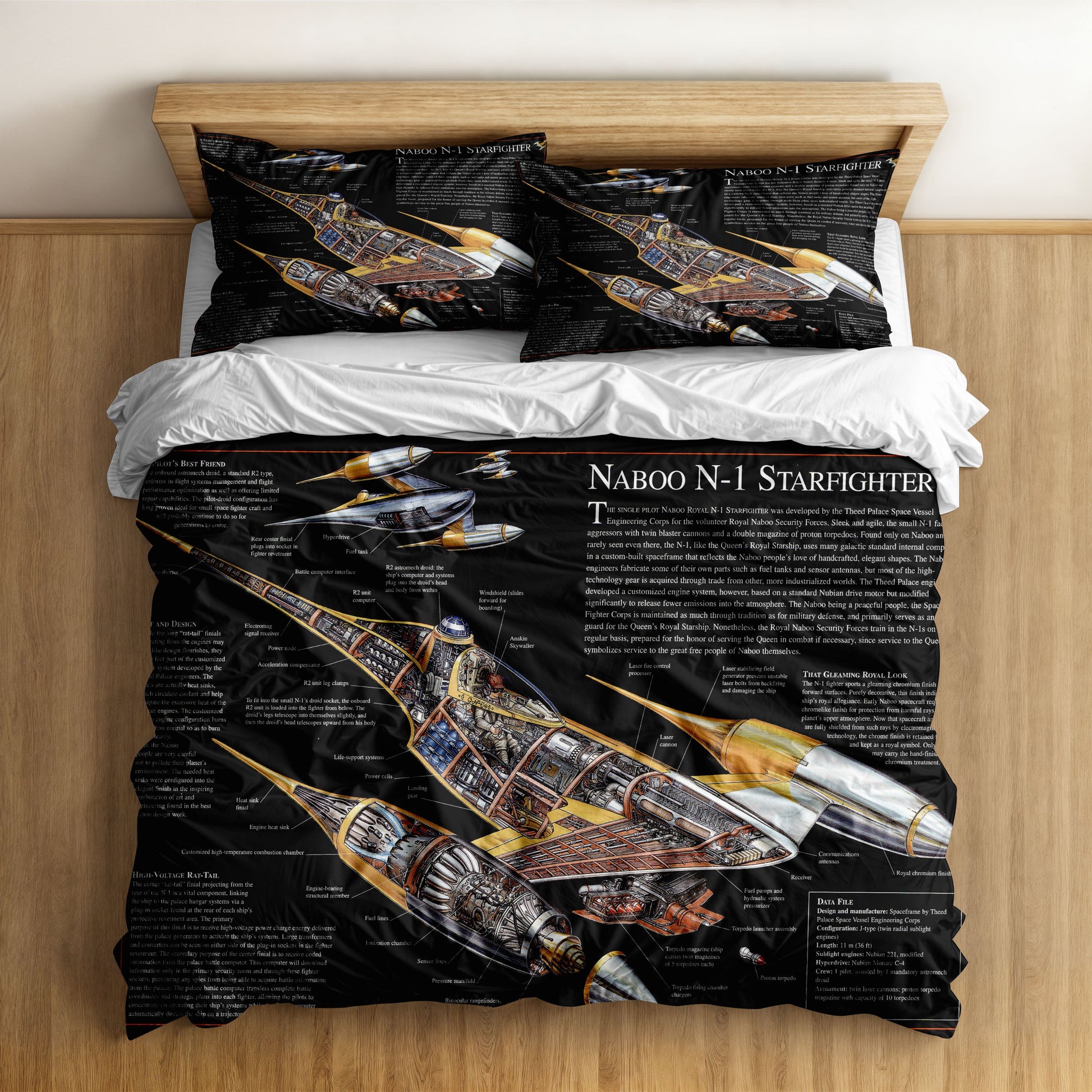 A detailed schematic of the Naboo N-1 Starfighter on a black Star Wars duvet cover set