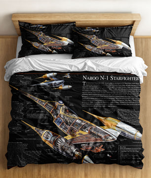 A detailed schematic of the Naboo N-1 Starfighter on a black Star Wars duvet cover set