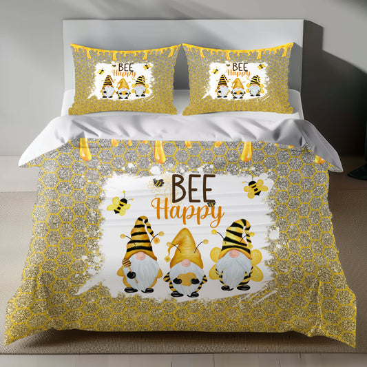 Bee Happy Linen Bedding Set with Bee and Gnome Design