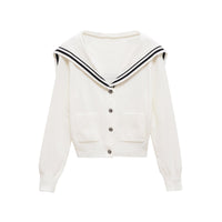 College style navy collar button knit cardigan White