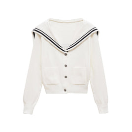 College style navy collar button knit cardigan White