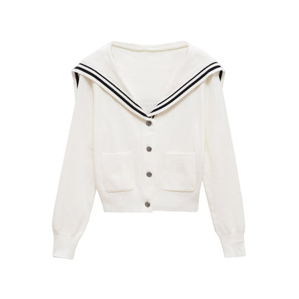 College style navy collar button knit cardigan White