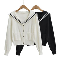 College style navy collar button knit cardigan