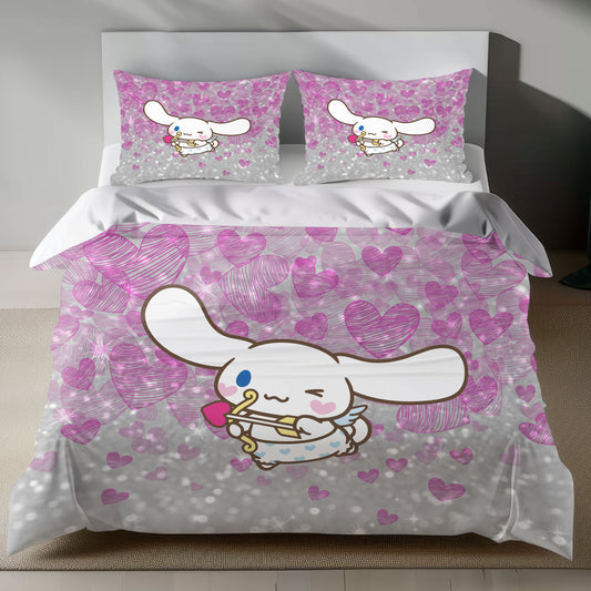 Cinnamoroll Cupid Linen Bedding Set with Cinnamoroll as Cupid on a pink heart background