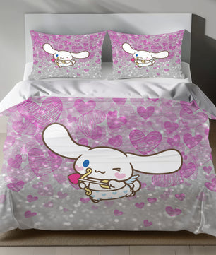 Cinnamoroll Cupid Linen Bedding Set with Cinnamoroll as Cupid on a pink heart background
