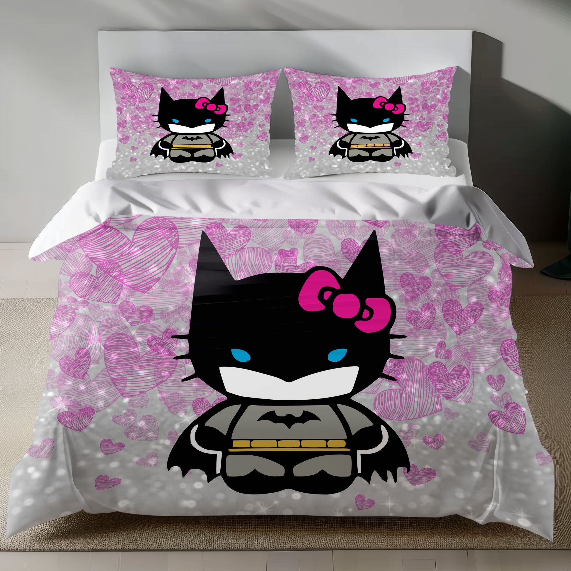 Cute Batman Hello Kitty linen duvet cover set with pink hearts and glitter effect