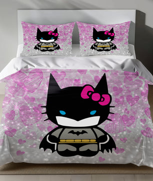 Cute Batman Hello Kitty linen duvet cover set with pink hearts and glitter effect