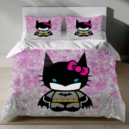 Cute Batman Hello Kitty Design Linen Duvet Cover Set 4pcs - Bedding Sets