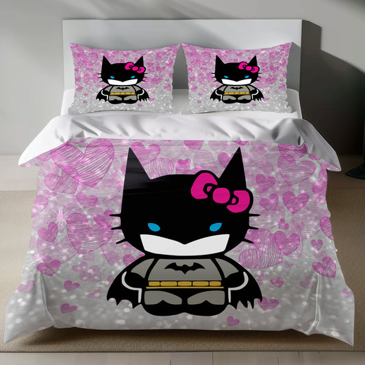 Cute Batman Hello Kitty linen duvet cover set with pink hearts and glitter effect