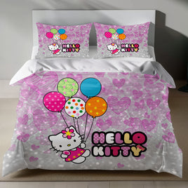 Hello Kitty Bedding Set - Cute Pink Duvet Cover with Balloons for a Cozy Bedroom 4pcs - Bedding Sets