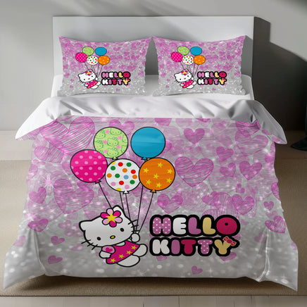 Hello Kitty Bedding Set - Cute Pink Duvet Cover with Balloons for a Cozy Bedroom 4pcs - Bedding Sets