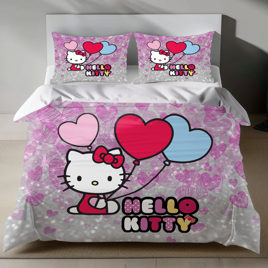 Cute Pink Hello Kitty Bedding Set with Balloons Duvet Cover and Pillowcase on Bed
