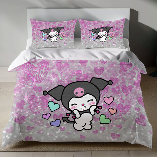Cute Pink Hello Kitty Bedding Set with Duvet Cover and Pillowcase on Bed