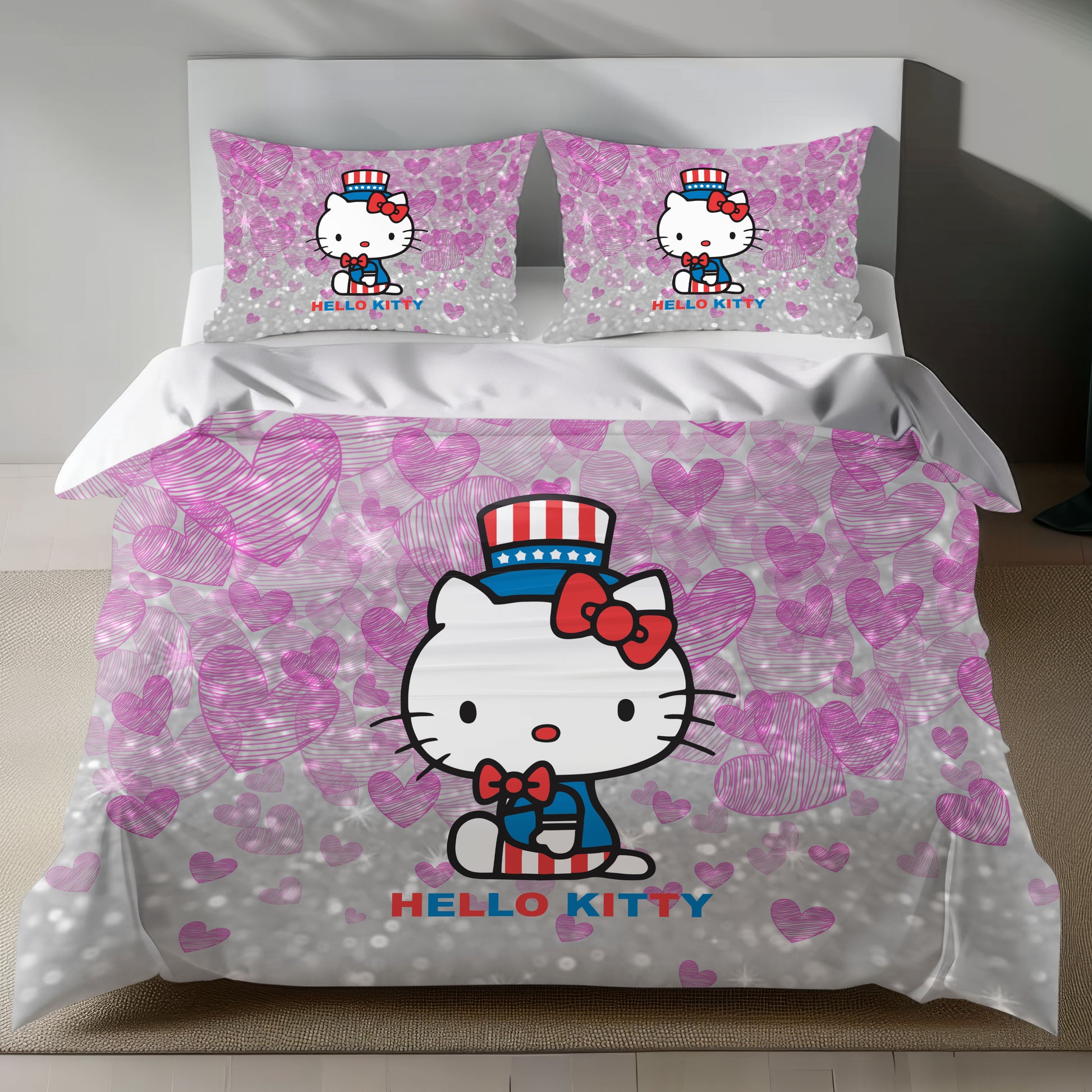 Cute Pink Hello Kitty Bedding Set with Duvet Cover and Pillowcase on Bed