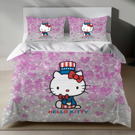 Cute Pink Hello Kitty Bedding Set with Duvet Cover and Pillowcase on Bed