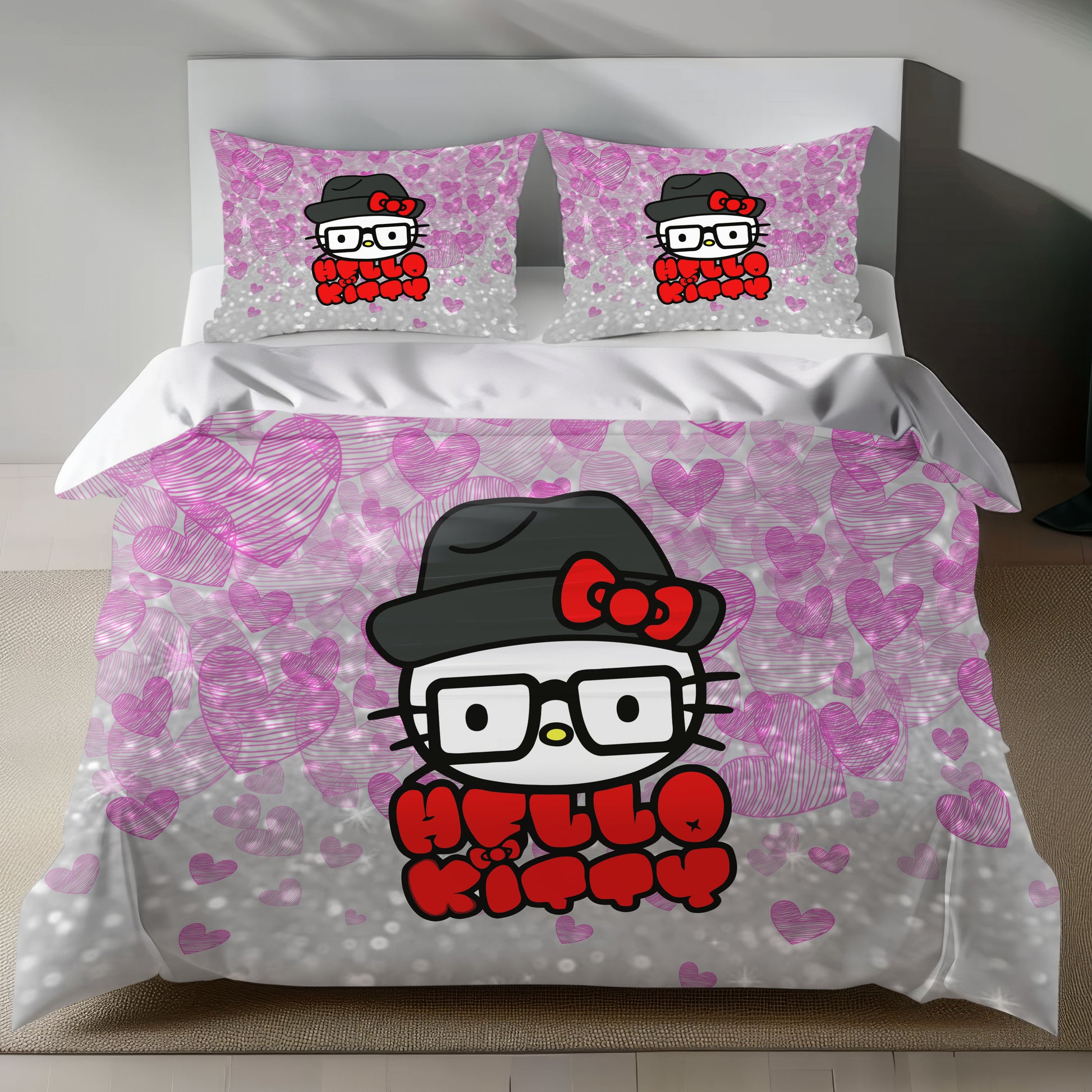 Cute Pink Hello Kitty Bedding Set with Glitter Hearts Duvet Cover