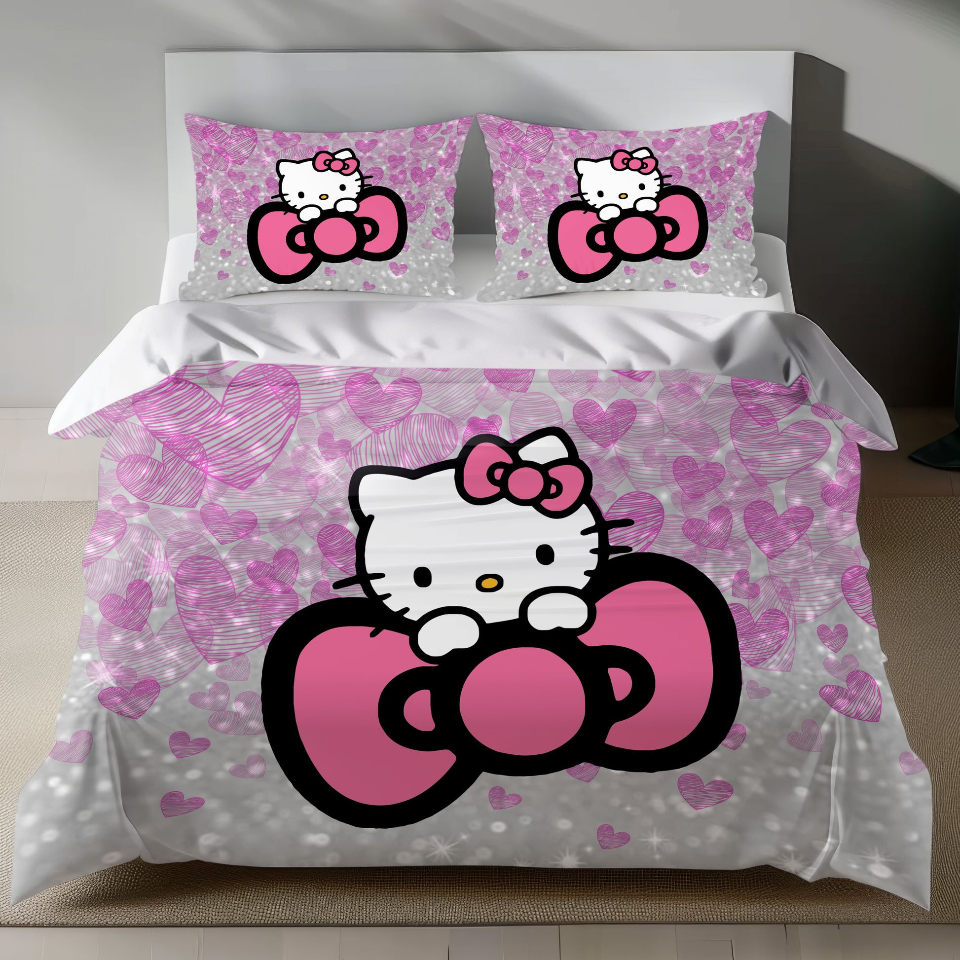 Cute Pink Hello Kitty Bedding Set with Glitter Hearts Duvet Cover