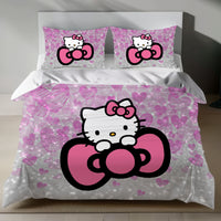 Hello Kitty Bedding Set – Cute Pink Duvet Cover with Glitter Hearts 4pcs - Bedding Sets