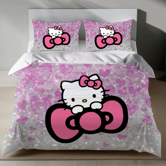 Cute Pink Hello Kitty Bedding Set with Glitter Hearts Duvet Cover