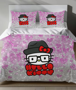 Cute Pink Hello Kitty Bedding Set with Glitter Hearts Duvet Cover