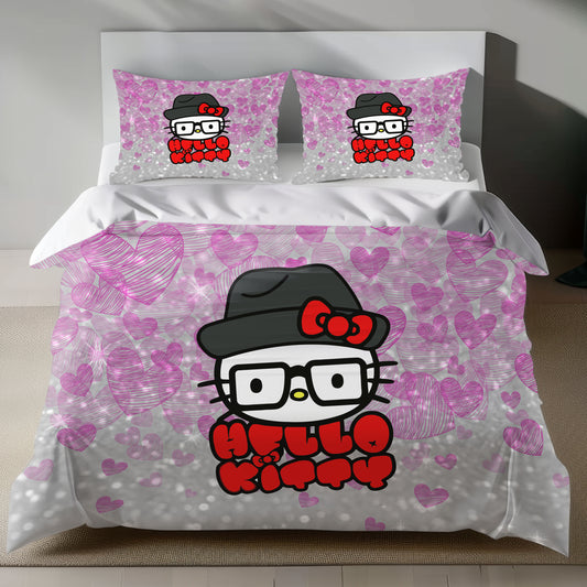 Cute Pink Hello Kitty Bedding Set with Glitter Hearts Duvet Cover