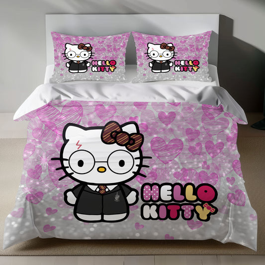 Cute Pink Hello Kitty Bedding Set with Hogwarts Theme Duvet Cover and Pillowcase on Bed