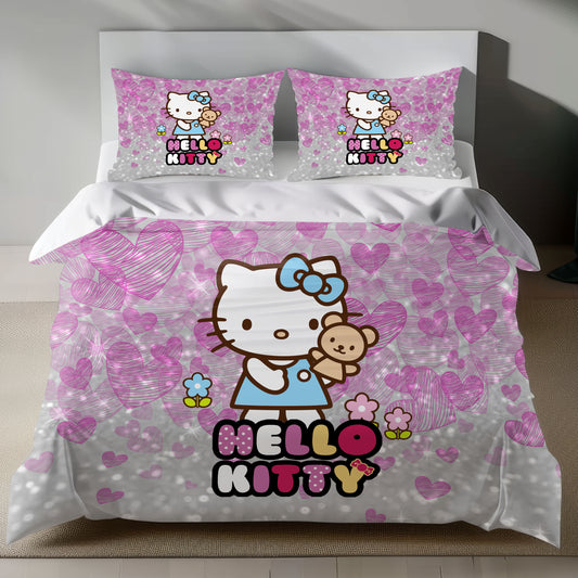 Cute Pink Hello Kitty Bedding Set with Teddy Bear and Glitter Hearts