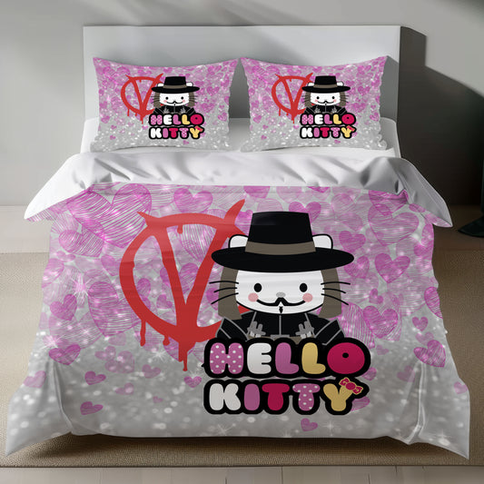 Cute Pink Hello Kitty Bedding Set with V for Vendetta Theme Duvet Cover and Pillowcase on Bed
