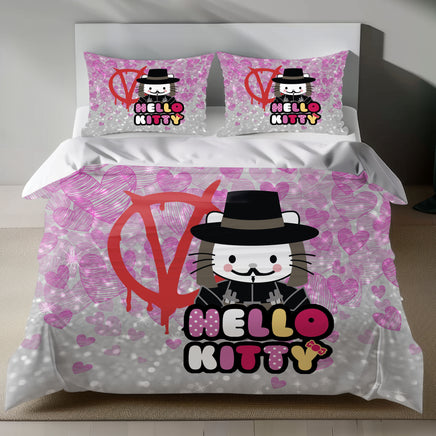 Hello Kitty Bedding Set - V for Vendetta Inspired Pink Duvet Cover for a Unique Bedroom 4pcs - Bedding Sets