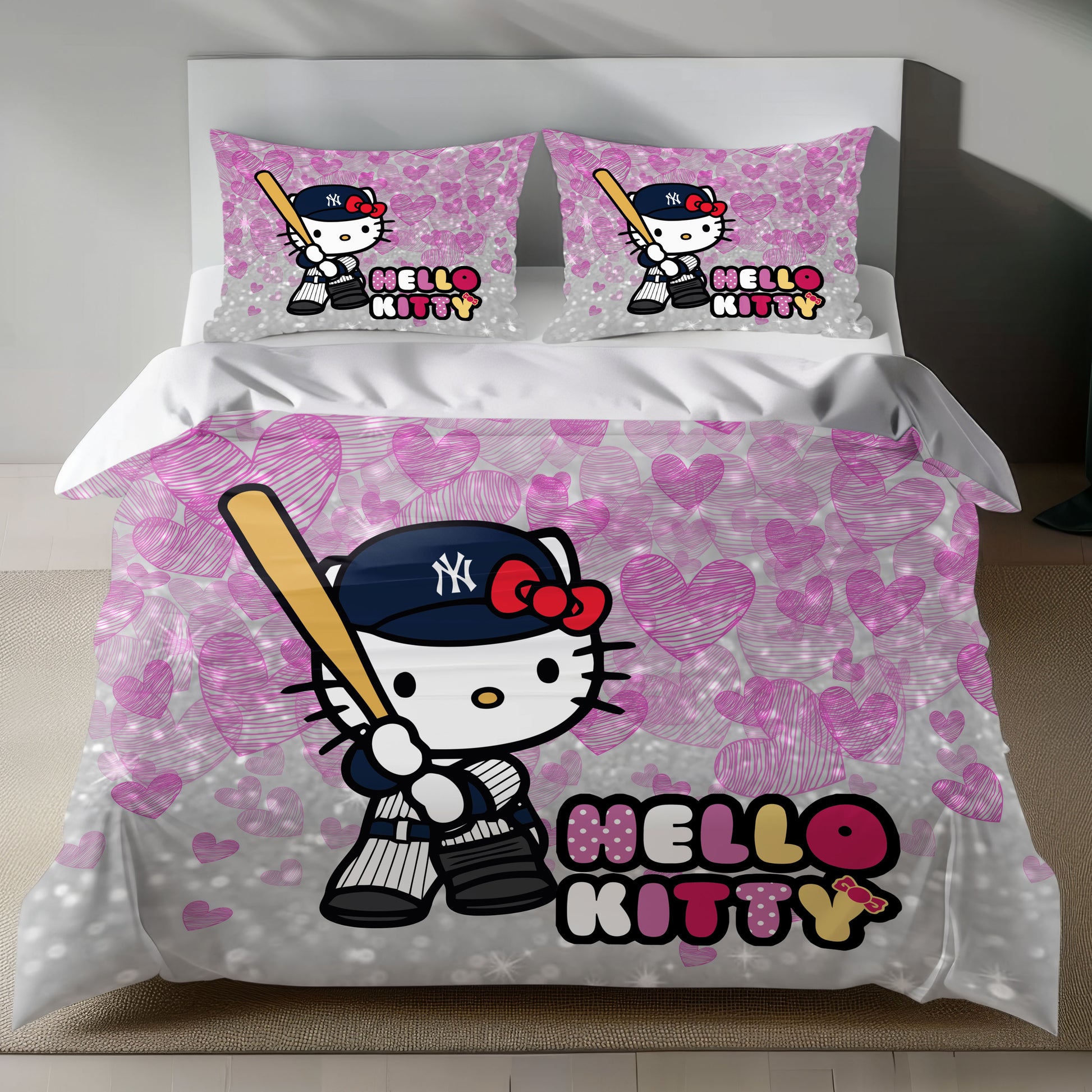 Cute Pink Hello Kitty Bedding Set with Yankees Baseball Theme Duvet Cover and Pillowcase on Bed