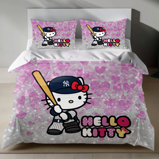 Cute Pink Hello Kitty Bedding Set with Yankees Baseball Theme Duvet Cover and Pillowcase on Bed