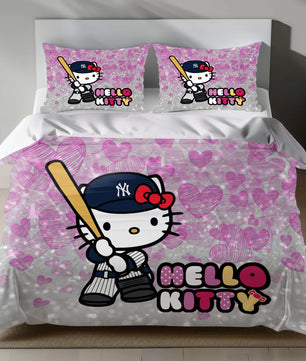 Cute Pink Hello Kitty Bedding Set with Yankees Baseball Theme Duvet Cover and Pillowcase on Bed