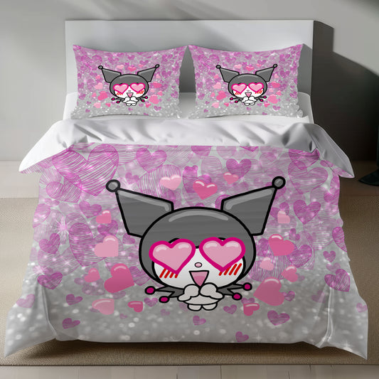 Cute Pink Kuromi Bedding Set with Glitter Hearts Duvet Cover