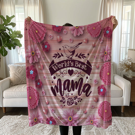Floral linen duvet cover set with 'World's Best Mama' design on pink background