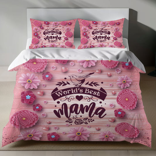 Floral linen duvet cover set with 'World's Best Mama' design on pink background