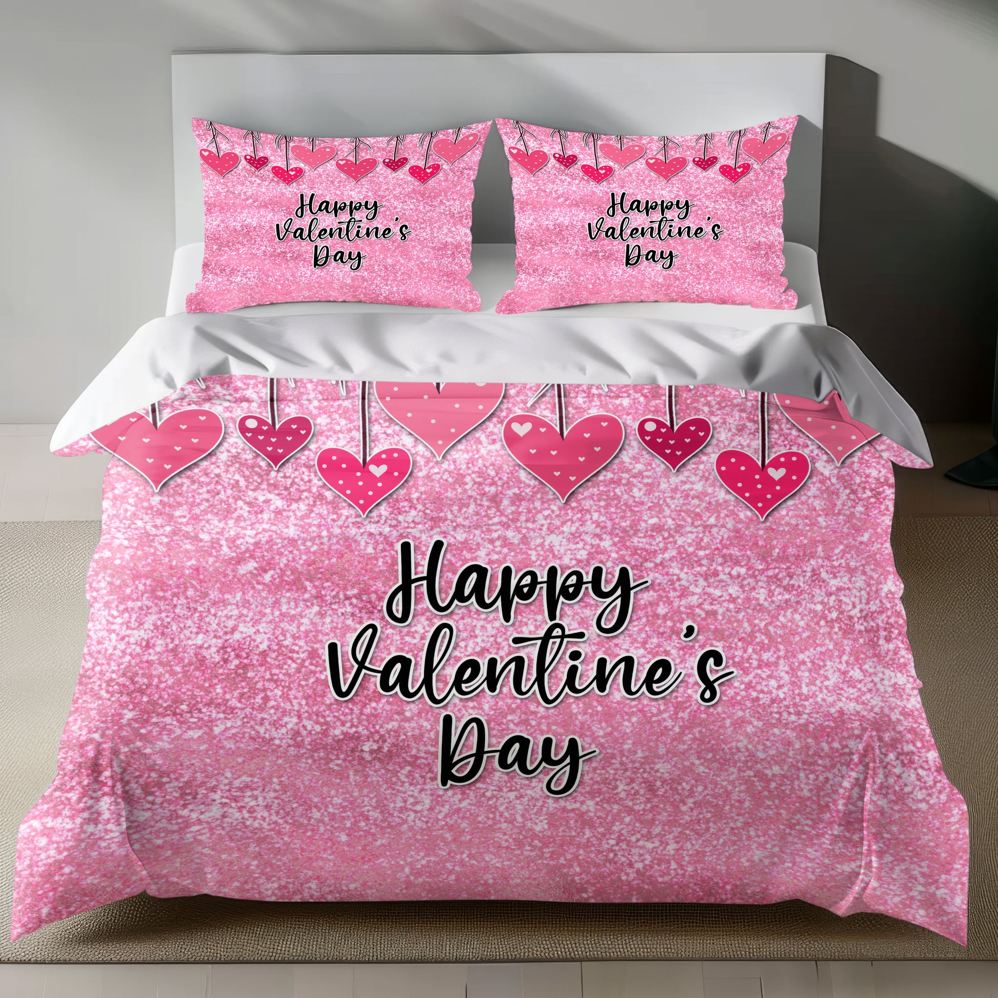 Glittery pink linen duvet cover set with heart prints and 'Happy Valentine's Day' text