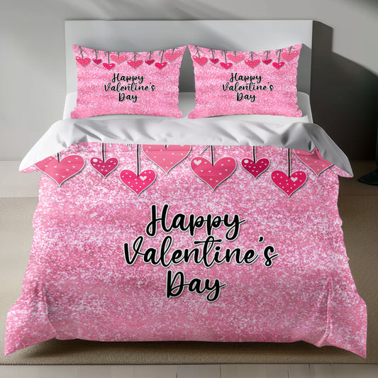 Glittery pink linen duvet cover set with heart prints and 'Happy Valentine's Day' text