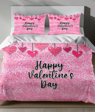 Glittery pink linen duvet cover set with heart prints and 'Happy Valentine's Day' text